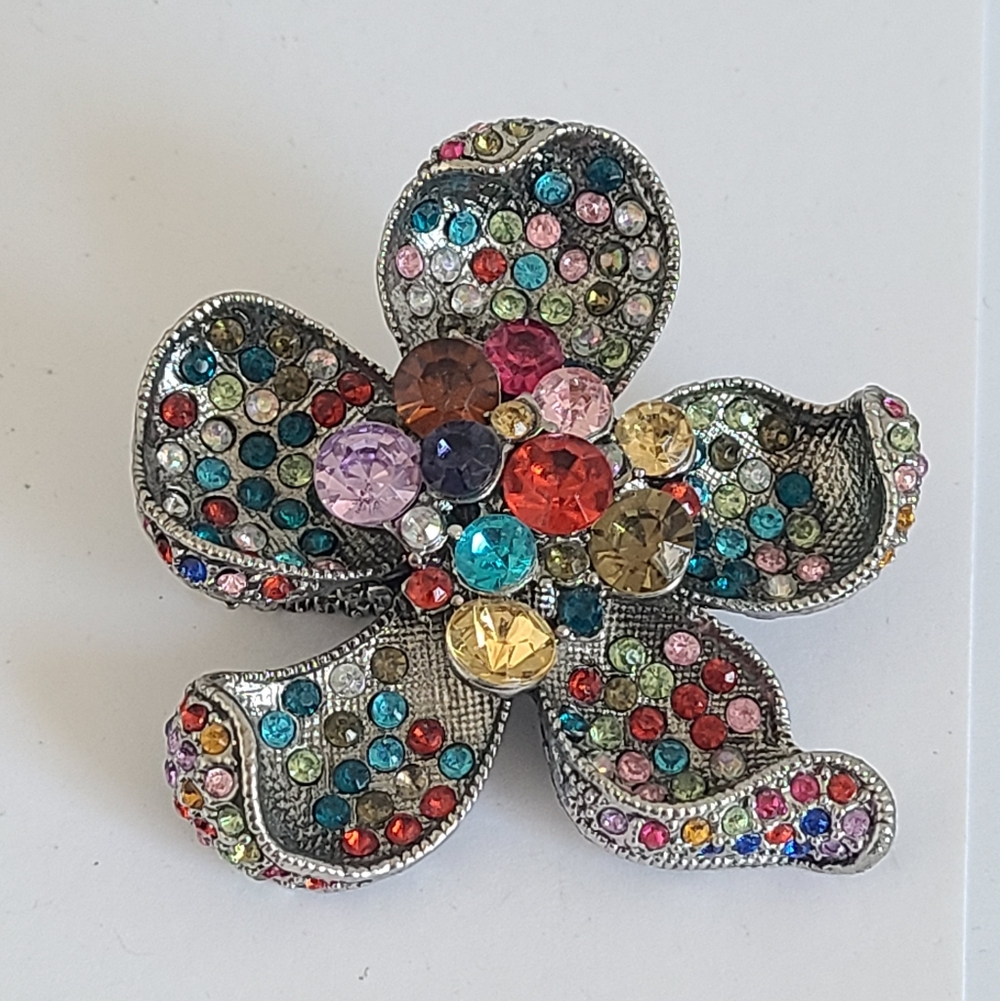 Bold Huge Colourful Rhinestone Crystal Maxi Silver Flower Floral Stretchy Ring